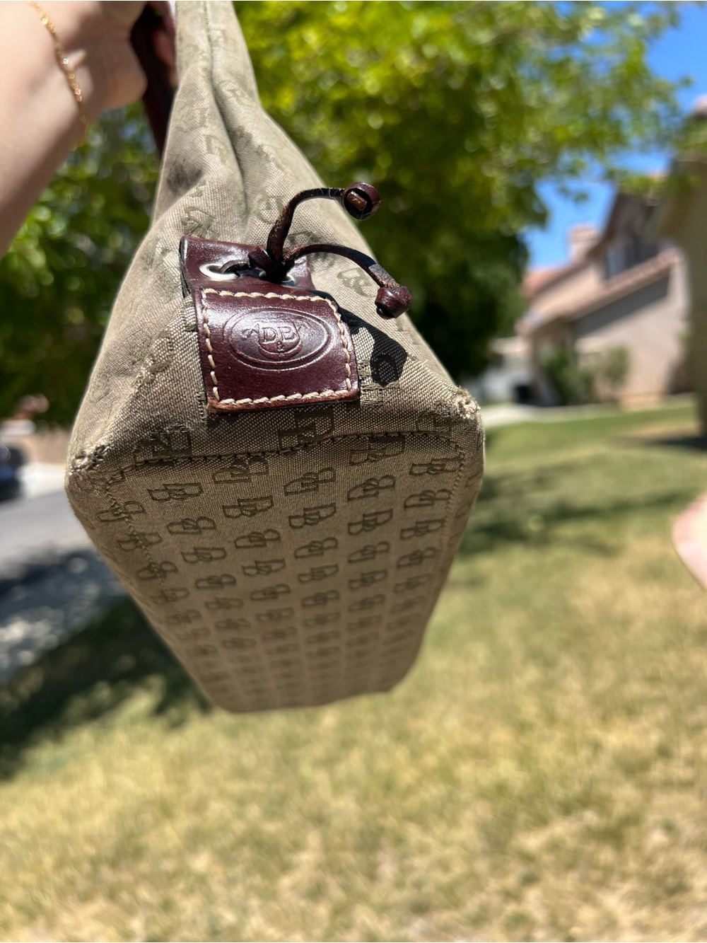 Vintage Dooney & Bourke Monogram Canvas Tote Bag with Brown Leather Trim - Picture 7 of 11